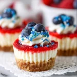 Red, white, and blue mini cheesecakes topped with berries for a patriotic dessert