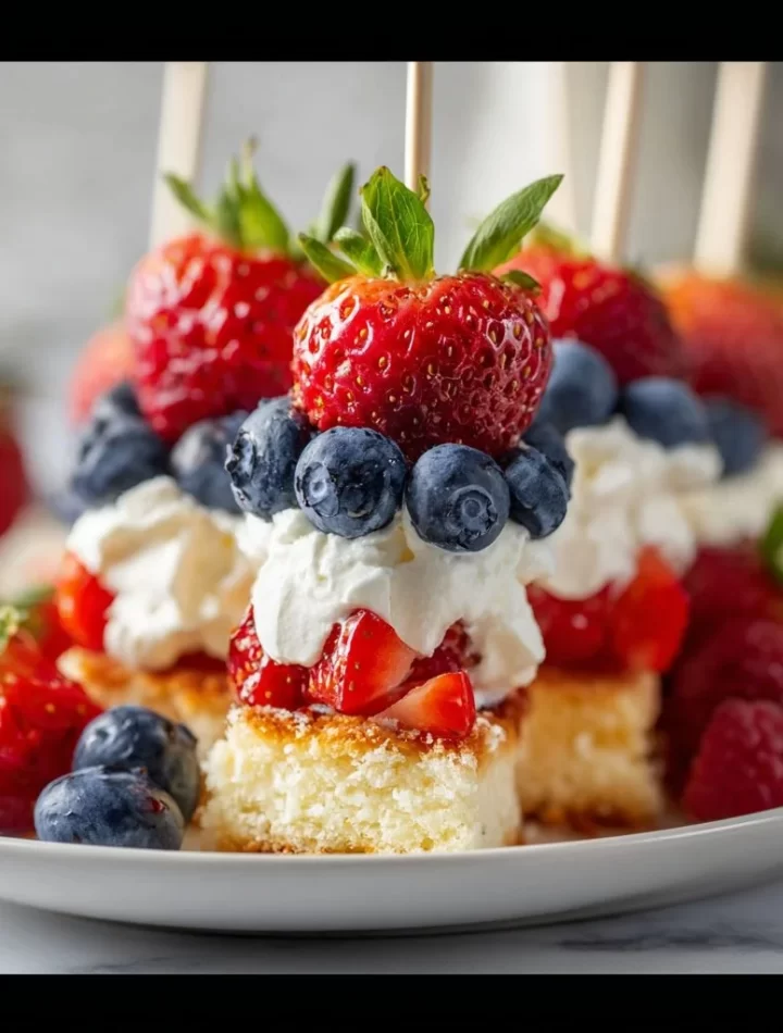 Red, White & Blue Berry Shortcake Skewers with strawberries, blueberries, and cake on a stick