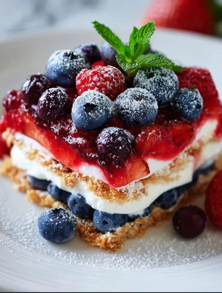 Red White & Blue Mixed Berry dessert topped with fresh berries
