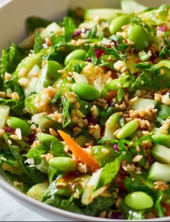High protein Asian salad with colorful vegetables and savory dressing