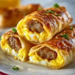 Sausage, egg, and cheese breakfast roll-ups served on a plate