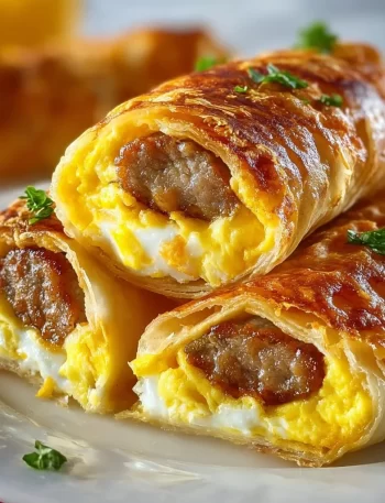 Sausage, egg, and cheese breakfast roll-ups served on a plate
