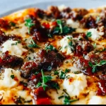 Sausage pizza with ricotta and honey drizzle, baked to perfection