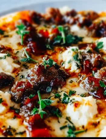 Sausage pizza with ricotta and honey drizzle, baked to perfection