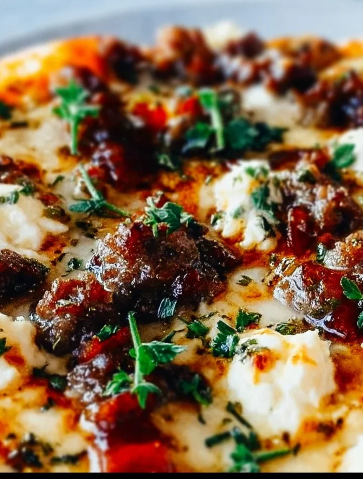 Sausage pizza with ricotta and honey drizzle, baked to perfection
