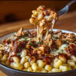 Delicious BBQ Chicken Mac and Cheese topped with cheese and barbecue sauce