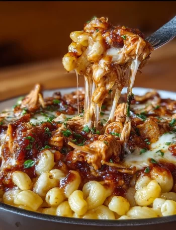Delicious BBQ Chicken Mac and Cheese topped with cheese and barbecue sauce