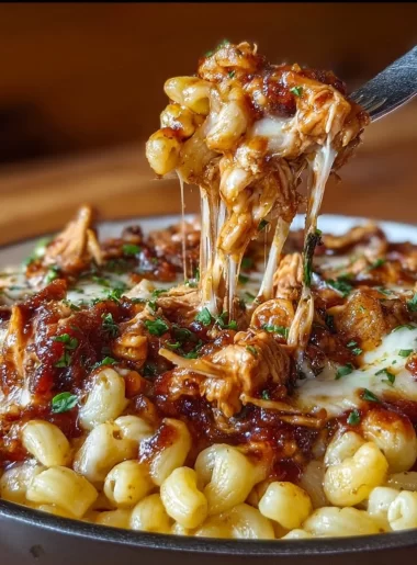 Delicious BBQ Chicken Mac and Cheese topped with cheese and barbecue sauce