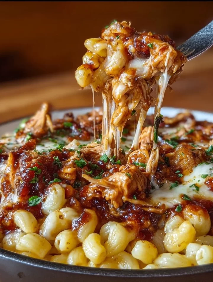 Delicious BBQ Chicken Mac and Cheese topped with cheese and barbecue sauce