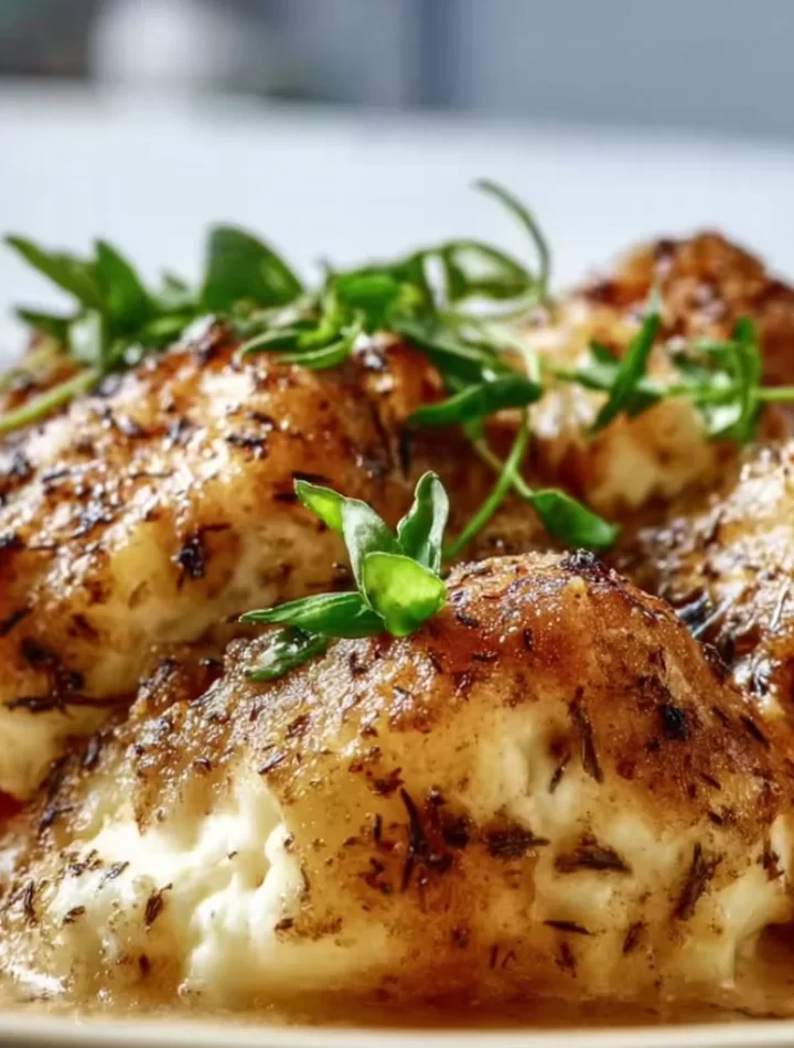 Delicious herb lemon chicken dish garnished with herbs and lemon slices