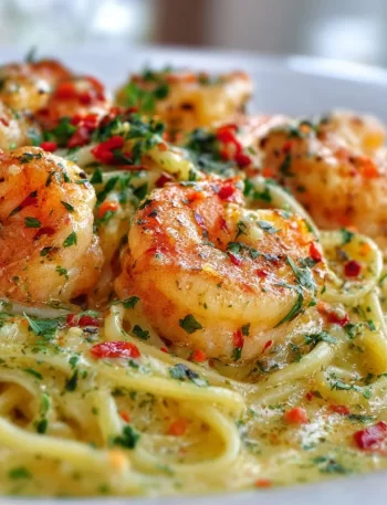 Creamy shrimp scampi garlic cream pasta garnished with herbs.