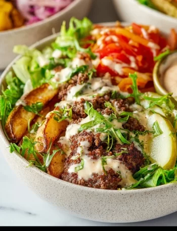 Delicious simple and savory burger bowls with fresh ingredients.
