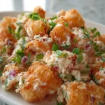 Smashed Tater Tot Potato Salad with colorful ingredients on a serving platter
