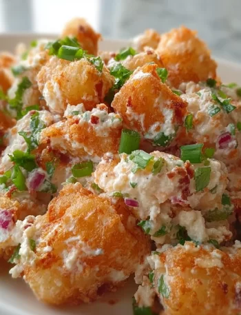 Smashed Tater Tot Potato Salad with colorful ingredients on a serving platter