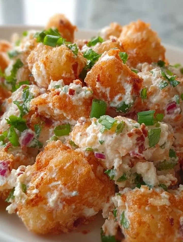 Smashed Tater Tot Potato Salad with colorful ingredients on a serving platter