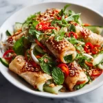 Vibrant spring roll salad with spicy ginger dressing and fresh vegetables