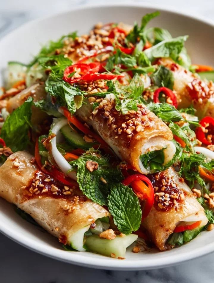 Vibrant spring roll salad with spicy ginger dressing and fresh vegetables