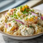 Creamy steakhouse potato salad served in a bowl with fresh herbs