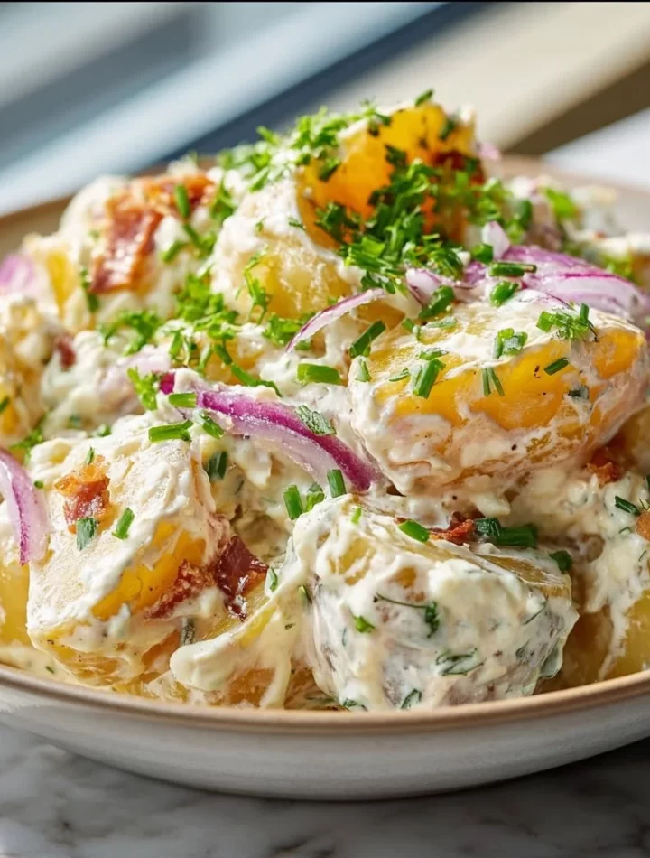 Creamy steakhouse potato salad served in a bowl with fresh herbs