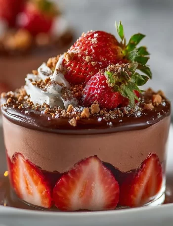 Delicious strawberry chocolate mousse parfait in a glass