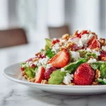 Delicious Strawberry Crunch Salad served in a bowl with fruits and crunchy toppings.