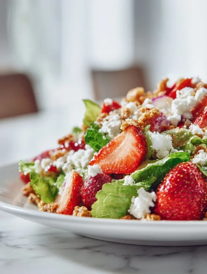 Delicious Strawberry Crunch Salad served in a bowl with fruits and crunchy toppings.