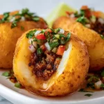 Colombian-style stuffed potatoes topped with fresh ingredients and herbs
