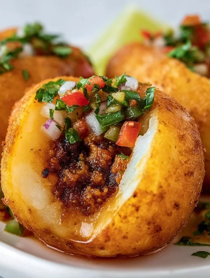 Colombian-style stuffed potatoes topped with fresh ingredients and herbs