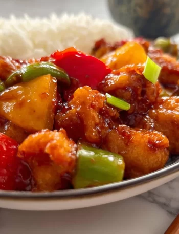 Delicious Sweet and Sour Chicken served with vibrant vegetables