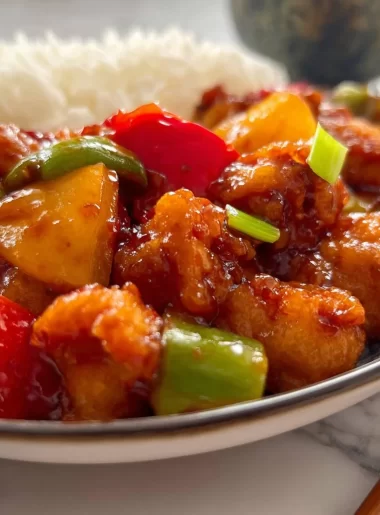 Delicious Sweet and Sour Chicken served with vibrant vegetables