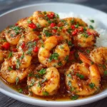 Plate of sweet chilli garlic shrimp garnished with herbs.