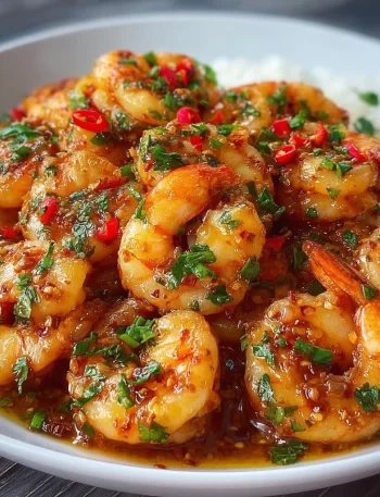 Plate of sweet chilli garlic shrimp garnished with herbs.