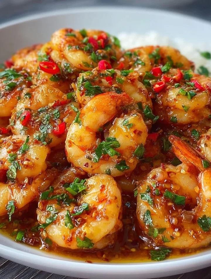 Plate of sweet chilli garlic shrimp garnished with herbs.