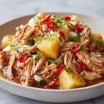 Sweet Hawaiian Crockpot Chicken served in a bowl with pineapple and rice