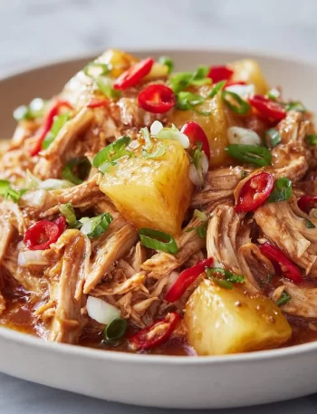 Sweet Hawaiian Crockpot Chicken served in a bowl with pineapple and rice