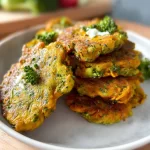 Sweet potato and broccoli fritters served on a plate with dipping sauce