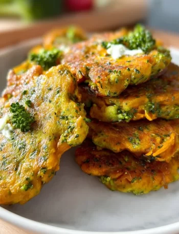 Sweet potato and broccoli fritters served on a plate with dipping sauce