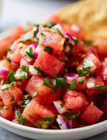 Bowl of refreshing watermelon salsa with diced fruits and herbs