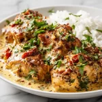 Creamy Crockpot Marry Me Chicken served with herbs and pasta