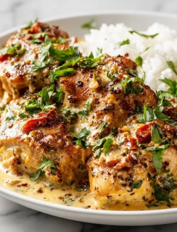 Creamy Crockpot Marry Me Chicken served with herbs and pasta