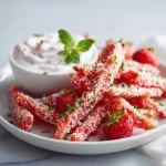 A plate of TikTok watermelon fries served with strawberry yogurt dip.