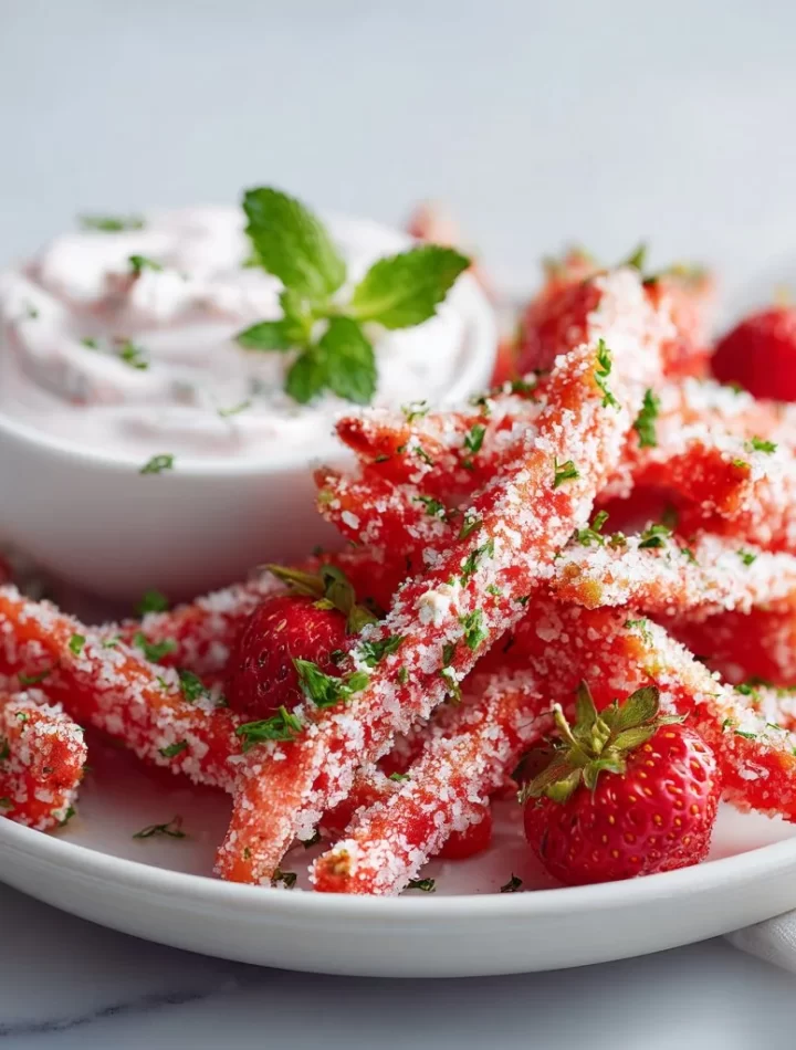 A plate of TikTok watermelon fries served with strawberry yogurt dip.