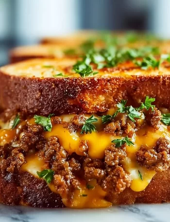 Ultimate cheesy ground beef melt topped with gooey cheese and savory beef.