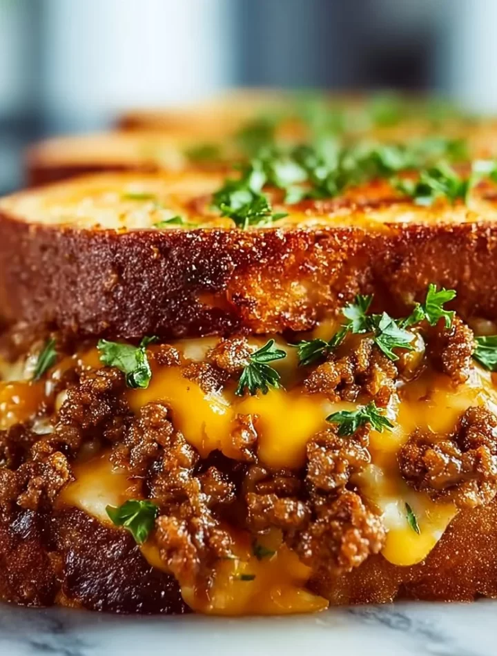 Ultimate cheesy ground beef melt topped with gooey cheese and savory beef.