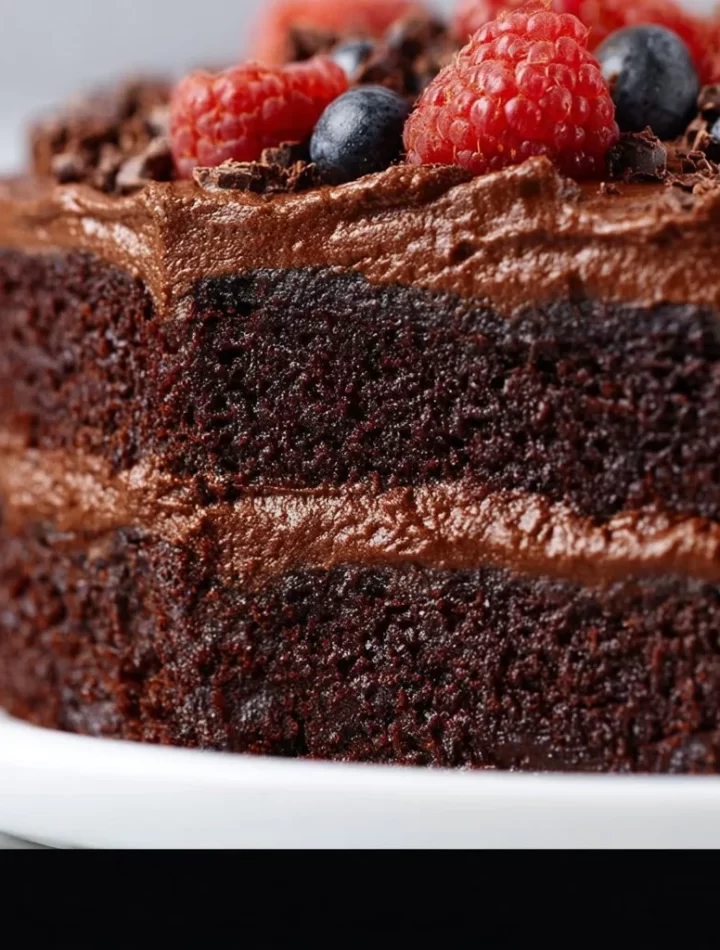 A slice of ultimate gluten free chocolate cake topped with rich chocolate frosting.