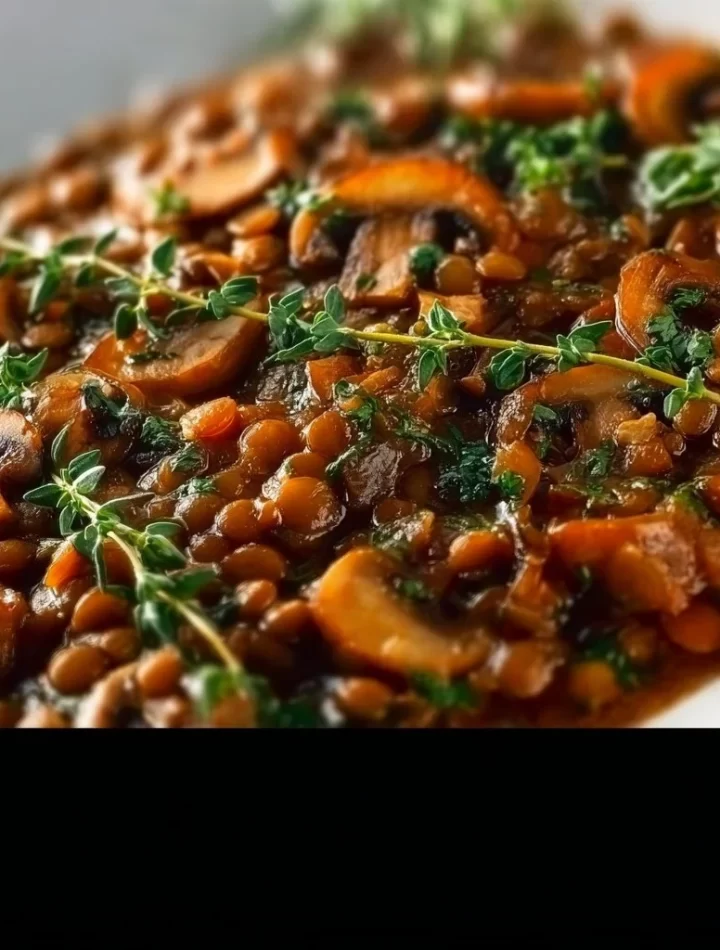 A bowl of Vegan Lentil Mushroom Stew topped with fresh herbs