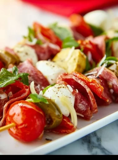 Viral antipasto skewers with salami, mozzarella, and roasted peppers on a platter.