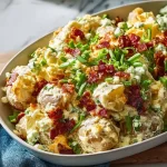 Viral creamy loaded potato salad with fresh herbs and toppings.