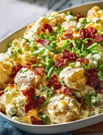 Viral creamy loaded potato salad with fresh herbs and toppings.
