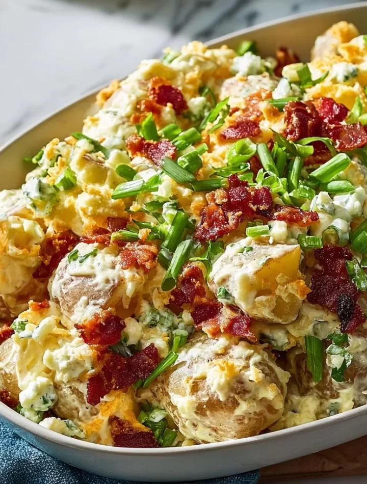 Viral creamy loaded potato salad with fresh herbs and toppings.